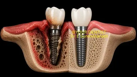 Dental Implant Failure Vijayawada, Failed dental implant with peri-implant bone loss and gum inflammation compared to a successfully restored dental implant after corrective treatment in Vijayawada
