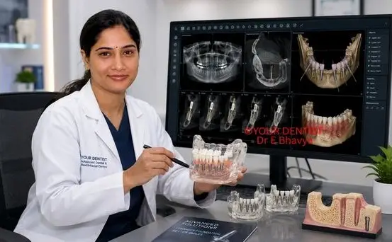 Dr. Bhavya Edara evaluating CBCT scans and 3D treatment planning for Dental Implants Without Bone Grafting in Vijayawada